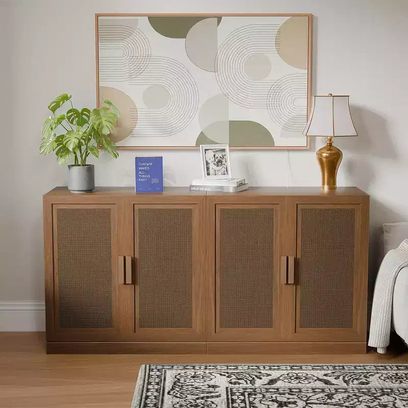3er-Set Rattan-Tür-Sideboard-Buffet-Aufbewahrungsschränke mit verstellbaren Einlegeböden – 93Lx31H