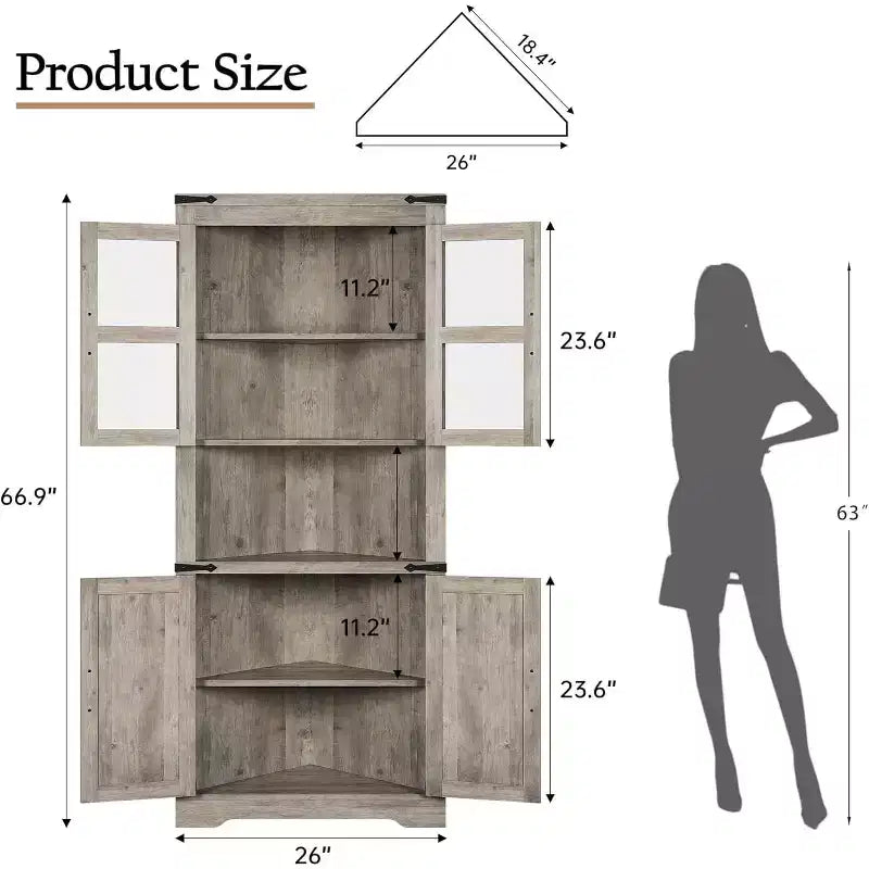 69" Hoher Eckschrank, Bauernhaus-Eckschrank, platzsparender Stauraum, Glastür, verstellbare Einlegeböden, für Wohnzimmer, Küche