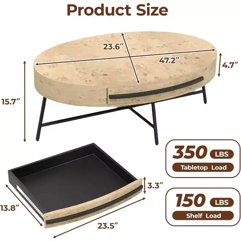 Acekool Ovaler Couchtisch mit Schublade, 120 cm Holz-Ablagetisch mit gekreuzten Metallbeinen, Mid-Century Modern Beistelltisch in Natur & Golden Willow