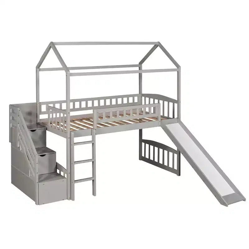 Doppelhaus-Hochbett mit Rutsche und Treppe, Hochbett mit Aufbewahrungsschubladen, Holzhaus-Hochbett für Kinder und Kleinkinder