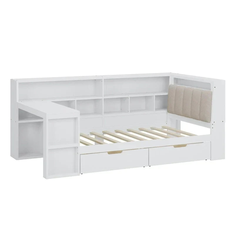L-förmiges Holzsofa-Tagesbett mit Schreibtisch, Bücherregal, Eckbett mit Schubladen unter dem Bett, gepolstertem Kopfteil und integrierter Beleuchtung