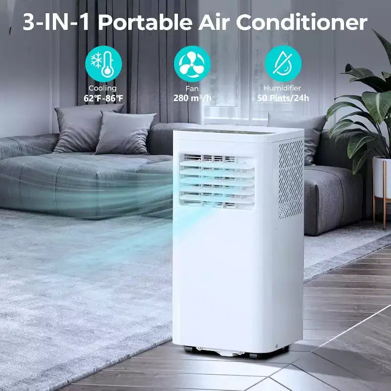 8.000 BTU mobile Klimaanlage, 3-in-1 Gerät mit 4 Modi, Timer, LED-Display, Fernbedienung und Installationskit, für Schlafzimmer/Wohnzimmer/Büro, Weiß.