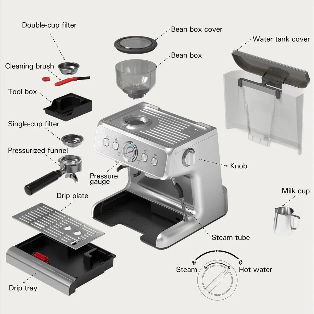 Halbautomatische Kaffeemaschine mit intelligenter Temperaturregelung und Heißwasserfunktion, 30 Mahlgradeinstellungen