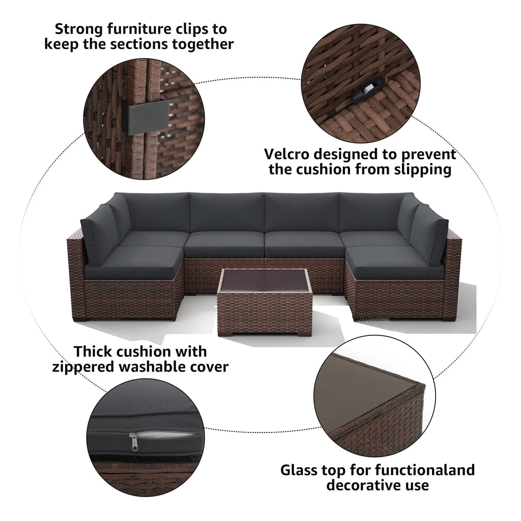 7-teiliges Outdoor-Sofa-Set aus Korbweide/Stahl mit Polstern