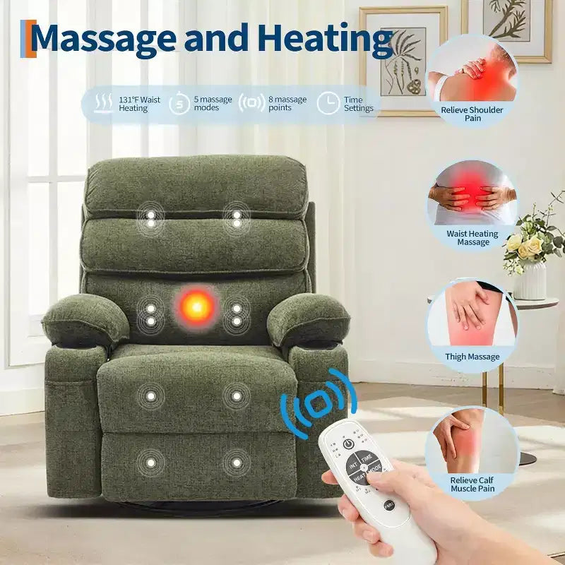 Massageschaukel-Liegesessel mit Heizfunktion, um 360° drehbarer Gleitsessel für Erwachsene, Leinen-Stillstuhl mit Seitentasche, zwei Getränkehaltern