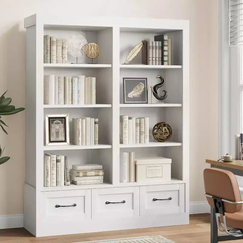 64 H Bücherregale und Bücherschränke, Bücherregal mit 3 Schubladen, 4-lagiges doppelt breites offenes Regal für Büro Wohnzimmer