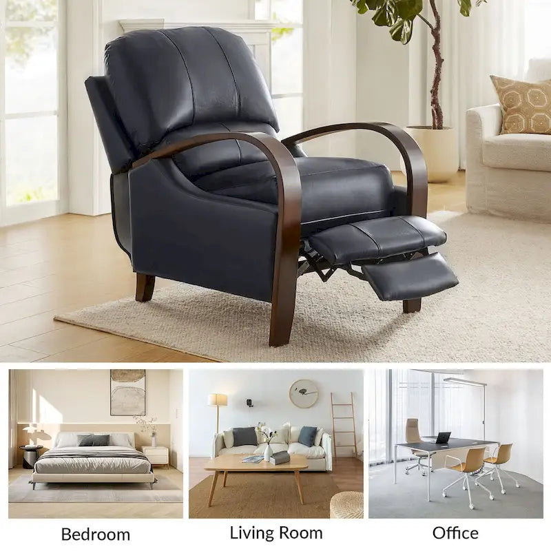 Alex Mid-Century Modern Zigarren-Sessel aus echtem Leder mit manueller Relaxfunktion und geschwungenen Holzarmlehnen