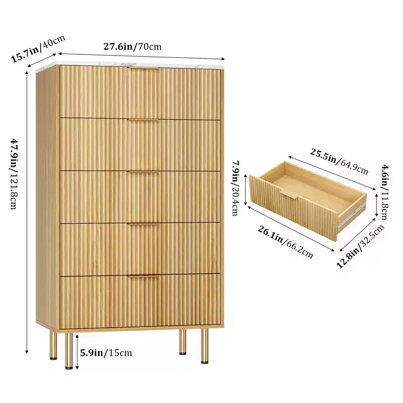 Weiß / Marmor & Holz Kommode mit 5 Schubladen – Geriffelte Platte, für 1 Person