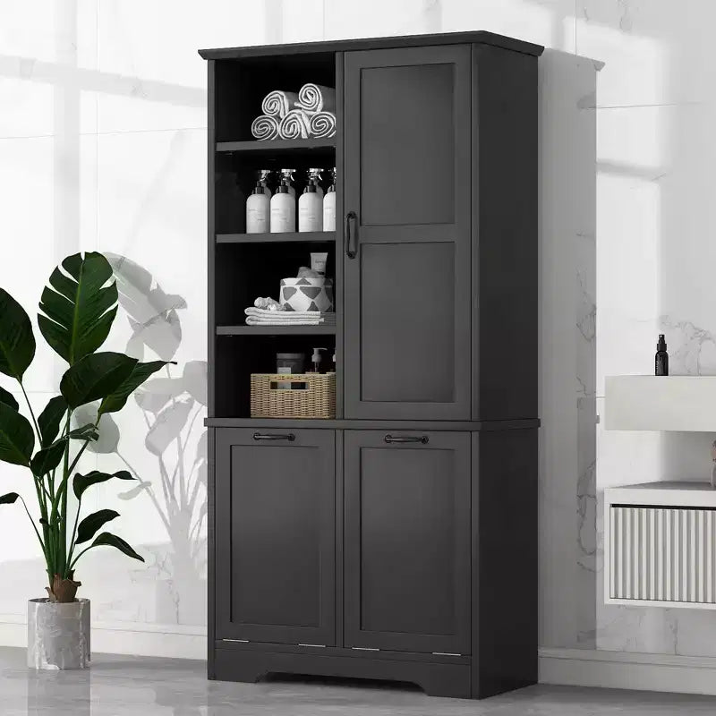 Badezimmerschrank mit Türen und Schubladen, Kippwäschekorb, mehreren Ablagefächern, freistehend