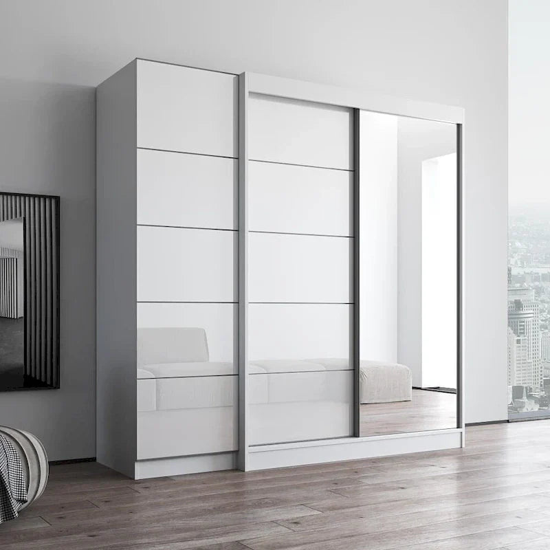 2-türiger Kleiderschrank mit Spiegel, Glasfront, 2-Personen (Grau / Schwarz / Weiß)