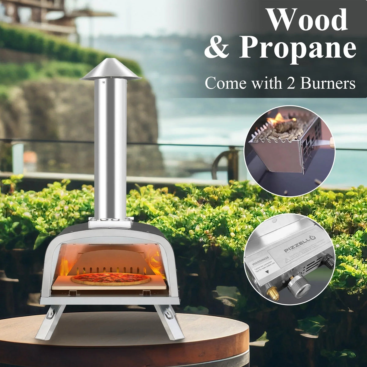 Multi-Brennstoff Outdoor Pizzaofen Steinbackofen mit Gasbrenner & Holzfach - 30 cm