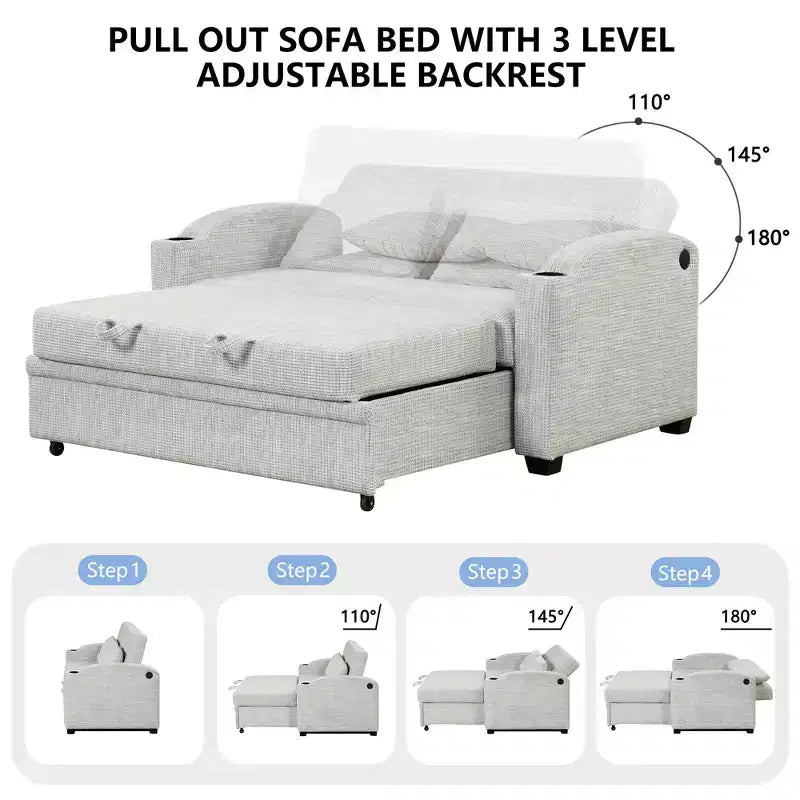 61.6 Modernes Chenille-Schlafsofa mit USB-Anschlüssen, Becherhaltern und verstellbarer Rückenlehne für Wohnzimmer, Apartment