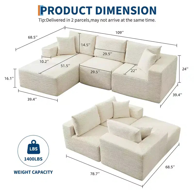 108 Modernes Sofa, 3-Sitzer Polster Ecksofa mit Kissen, Tiefes Sofa, Keine Montage Erforderlich