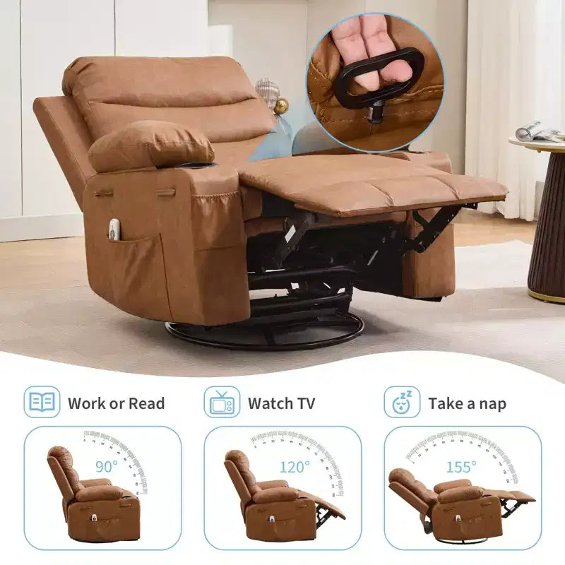 Übergroßer 360°-Dreh- und Schaukelsessel mit Massage und Heizung – Ergonomischer Loungesessel mit Getränkehaltern, Seitentaschen für Wohnzimmer, Kinderzimmer