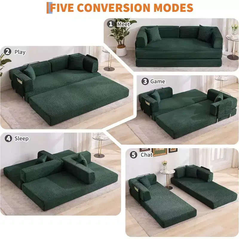 5-in-1 Schlafsofa, 78.8 Modulares Cord-Schlafsofa mit stabilem Rahmen, Multifunktions-Futon für kleine Räume, Wohnzimmer und Gästezimmer