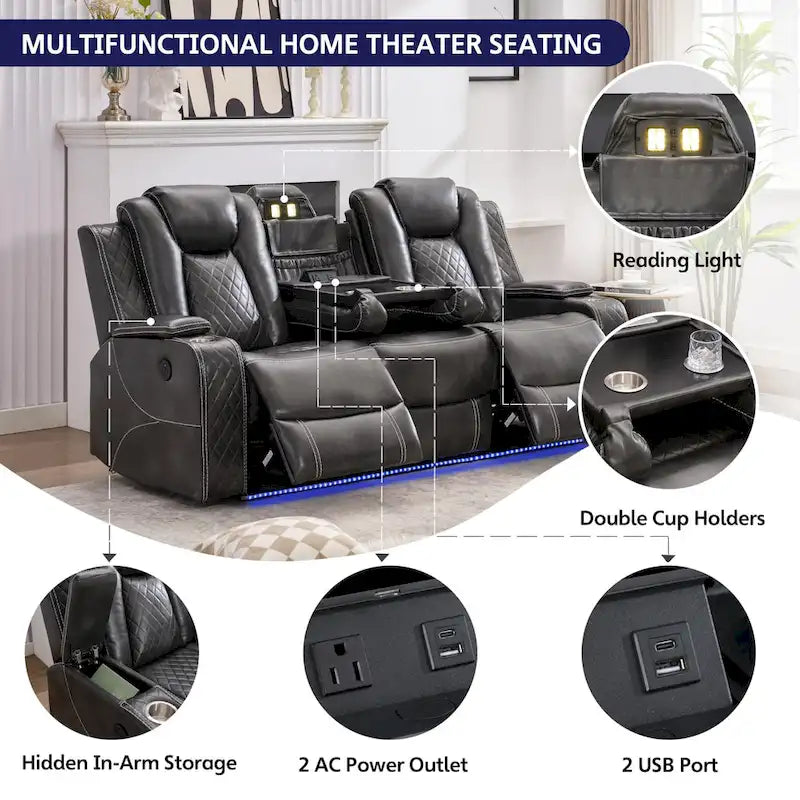 Elektrisches Relaxsofa mit kabellosem Ladegerät, Leselampe für das Wohnzimmer, Kunstleder-LED-Beleuchtung, AC/USB-Anschluss, Getränkehalter, Schwarz