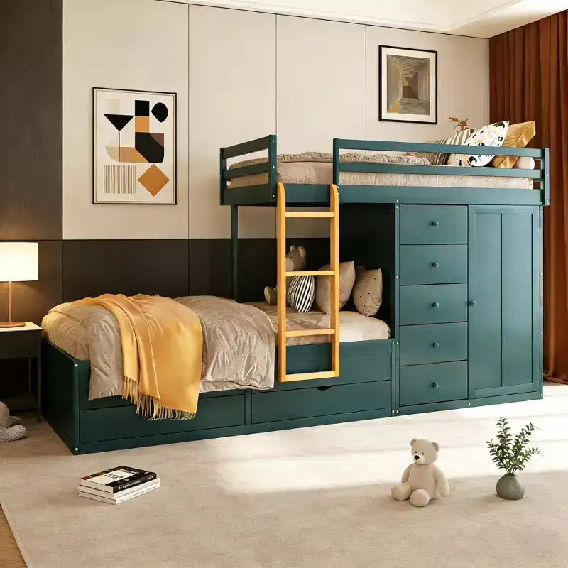 Modernes Etagenbett mit voller Größe, integriertem Kleiderschrank und 7 Schubladen