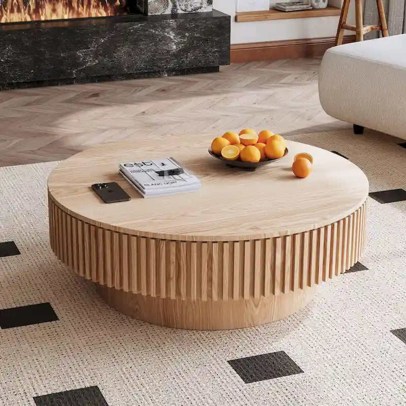 Moderner runder Couch-/Teetisch aus massivholzfurniertem Holz mit Stauraum