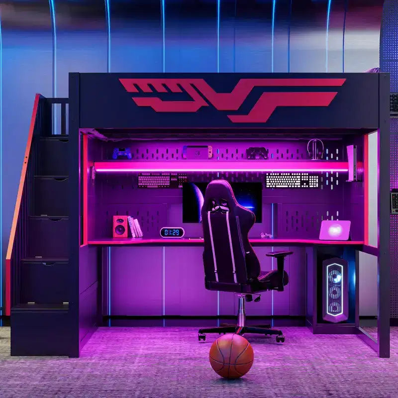 Vollständiges Gaming-Hochbett mit Schreibtisch und LED-Beleuchtung, großes Hochbett aus Holz mit Treppe und Stauraumtreppe sowie USB-Anschluss, Rot+Schwarz