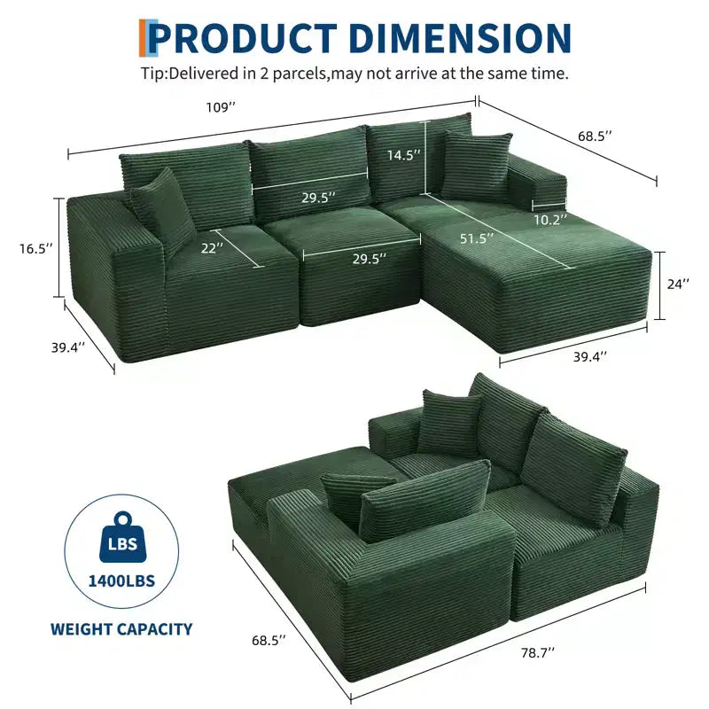108 Modernes Sofa, 3-Sitzer Polster Ecksofa mit Kissen, Tiefes Sofa, Keine Montage Erforderlich