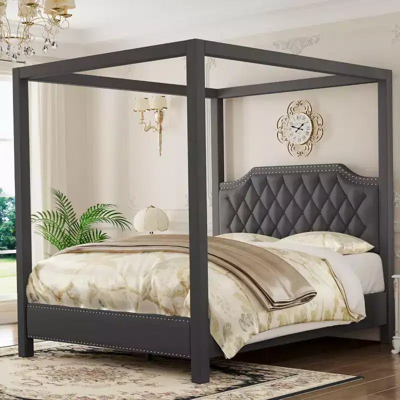 Queen-Size-Himmelbettgestell mit Pfosten, 4-Eck-Bettrahmen, Massivholzlattenrost, kein Boxspringbett erforderlich, geräuschfrei