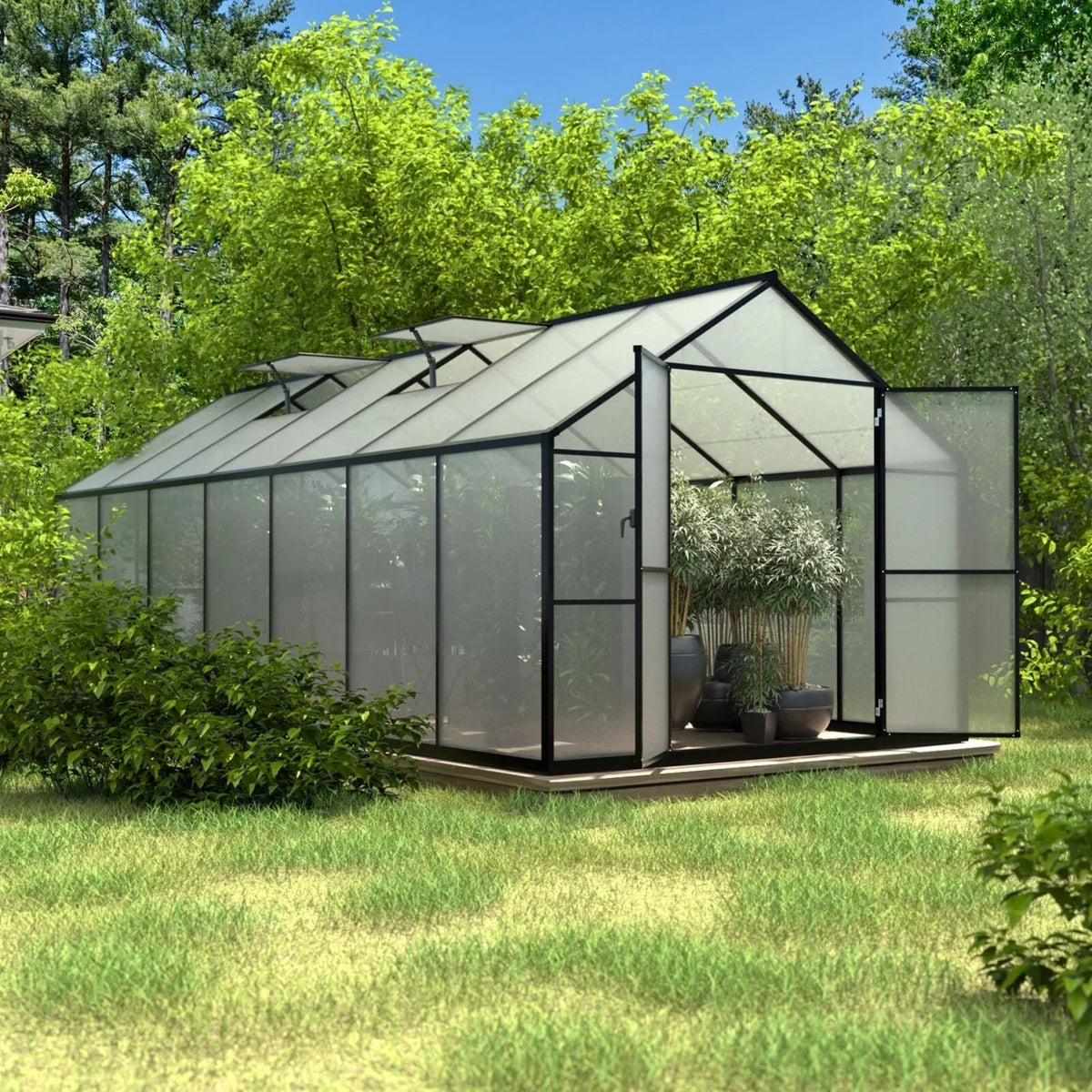 VEIKOUS Aluminium-Gewächshaus-Bausatz mit begehbarem Garten, verstellbarer Dachluke und abschließbarer Tür, Grau