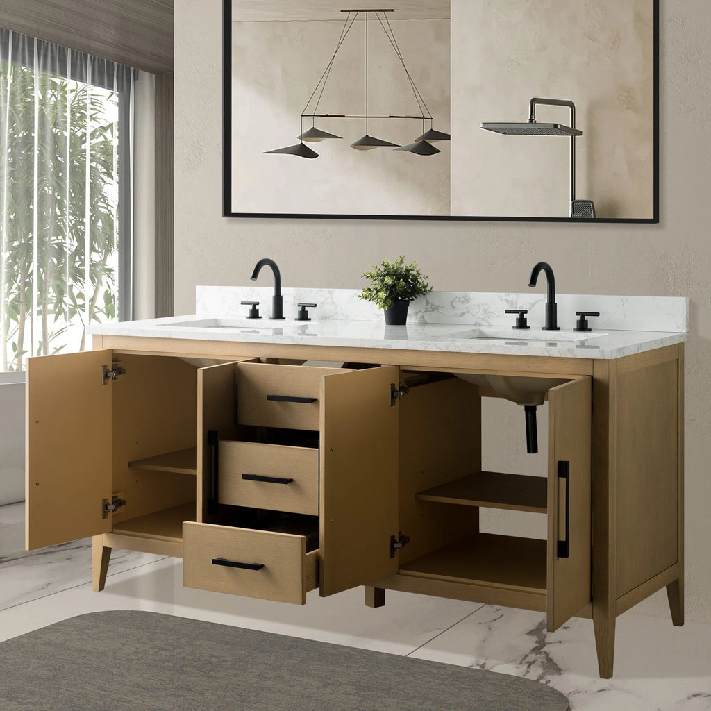 Vanity Art 72 Zoll Badezimmer-Waschtischunterschrank mit Doppelwaschbecken und Kunstmarmorplatte