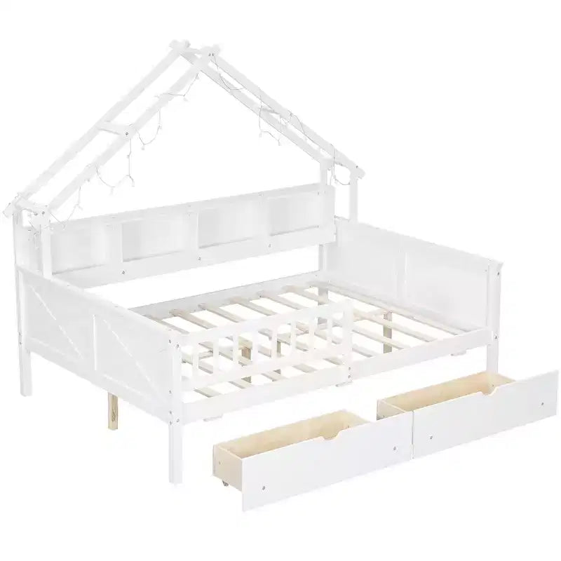 Hausbettgestell in voller Größe mit Schubladen, Haus-Plattformbett mit LED-Beleuchtung, Ablagefächern und Schubladen, Tagesbett aus Holz mit Dach und Geländer