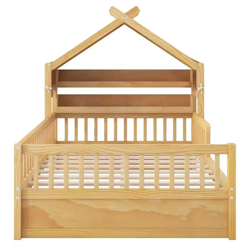 ModernLuxe Hausbett aus Holz für Zwillinge/Standardgröße mit Stauraum-Kopfteil, Kinderbettgestell aus massivem Kiefernholz mit Rausfallschutz