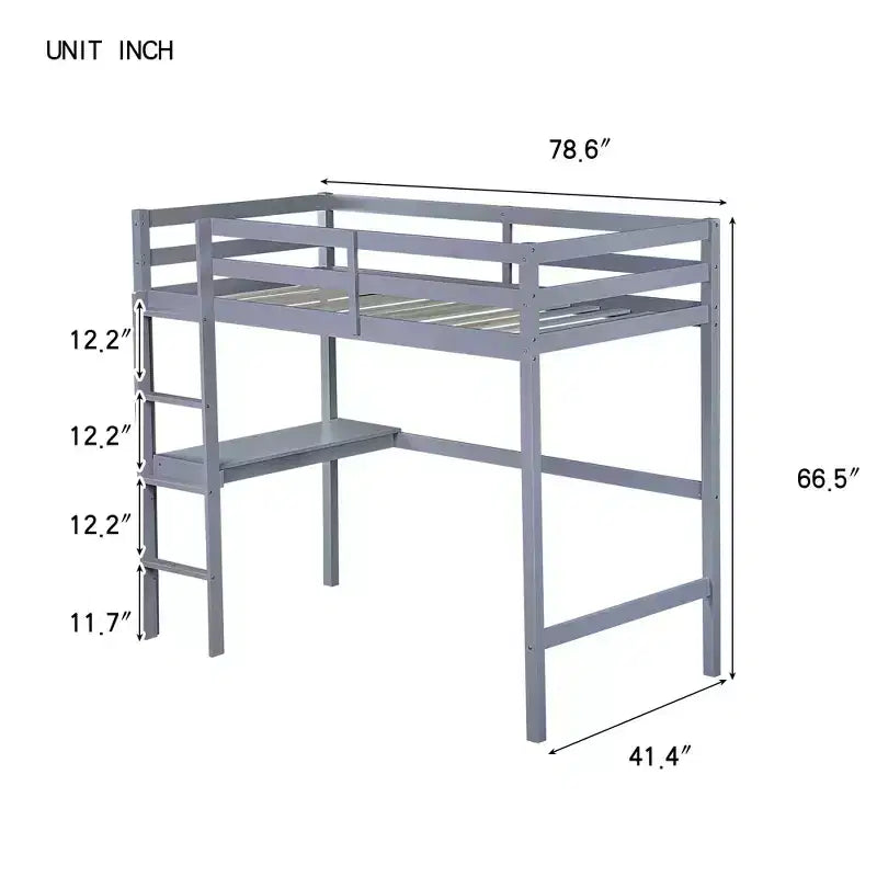 Okak Minimalism Hochbett mit Leiter, Hochbett aus Kautschukholz mit Sicherheitsgeländer und integriertem Schreibtisch, Bettrahmen für Kinder, Jugendliche
