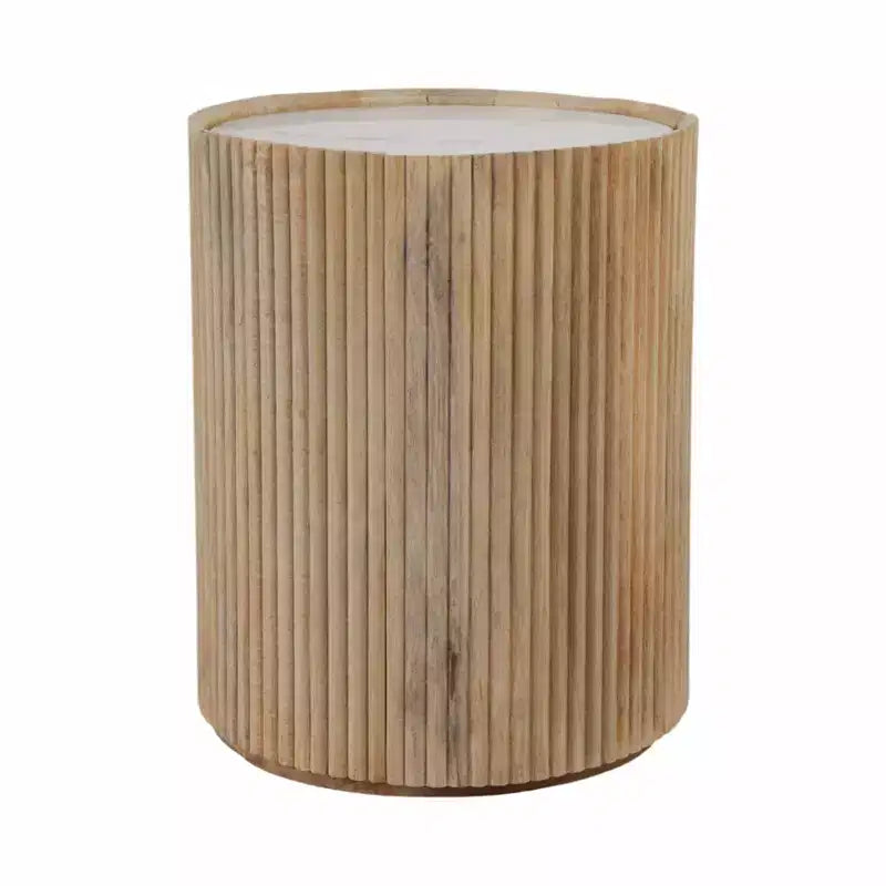 Dekorativer geriffelter Holzbeistelltisch mit Marmorplatte und Stauraum – kleiner Beistelltisch für Schlafzimmer oder Wohnzimmer