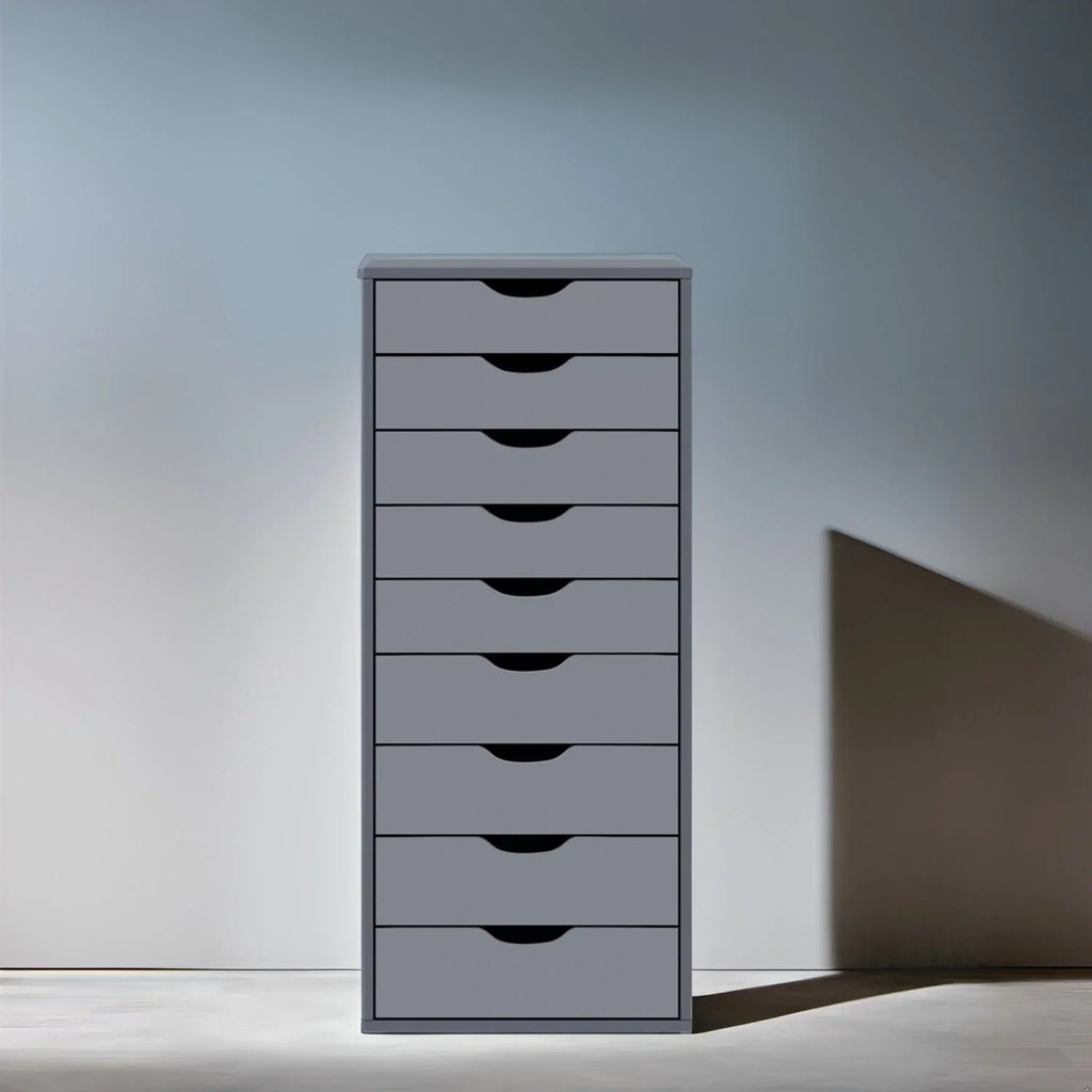 Schmaler Holzschrank mit 9 Schubladen, leichtgängigen Auszügen und Ablagefach oben