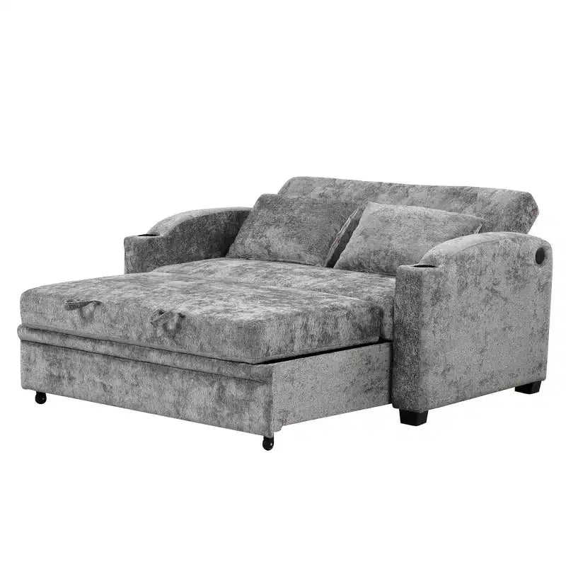 61.6 Modernes Chenille-Schlafsofa mit USB-Anschlüssen, Becherhaltern und verstellbarer Rückenlehne für Wohnzimmer, Apartment