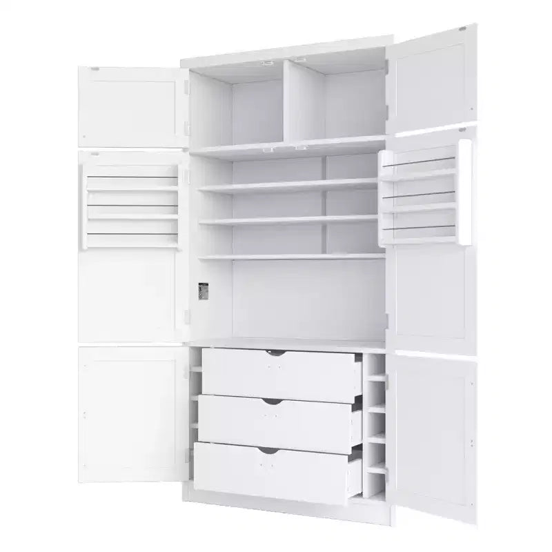 Hoher Küchenschrank mit Steckdosen, großer freistehender Schrank mit Mikrowellenständer, Schubladen, Regalen, Weinregalen und Türregal