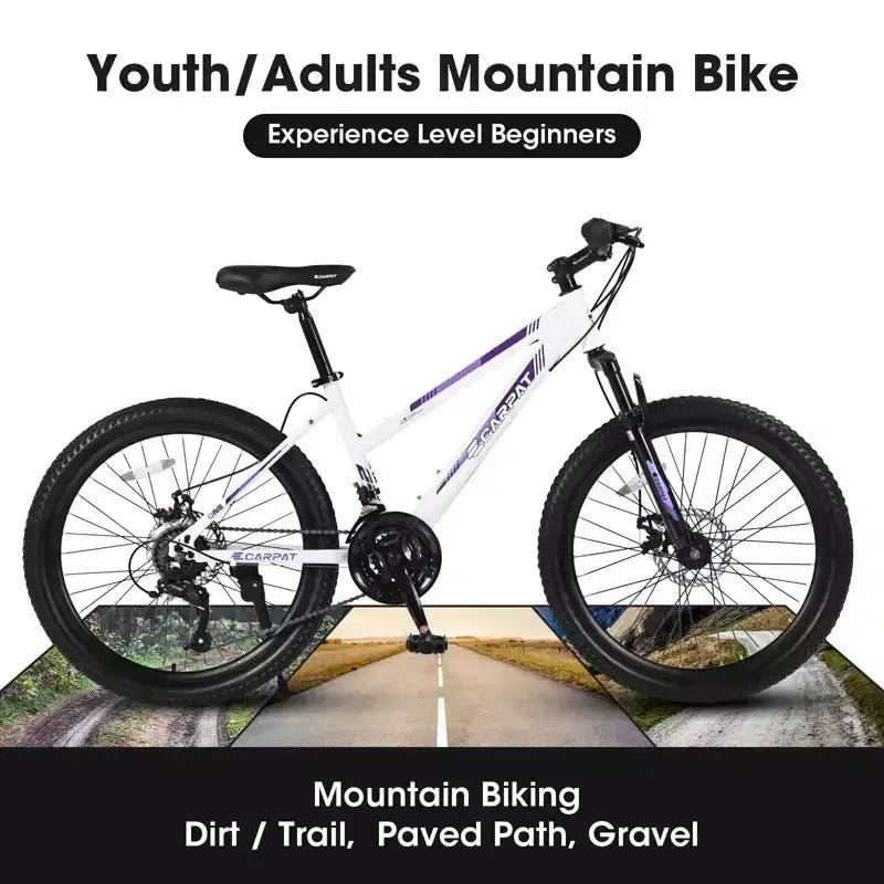 Okak 24/26 Zoll Mountainbike mit 21 Gängen und doppelten Scheibenbremsen, Kinderfahrrad mit 100mm Federgabel, Dirt Bike für Teenager und Frauen