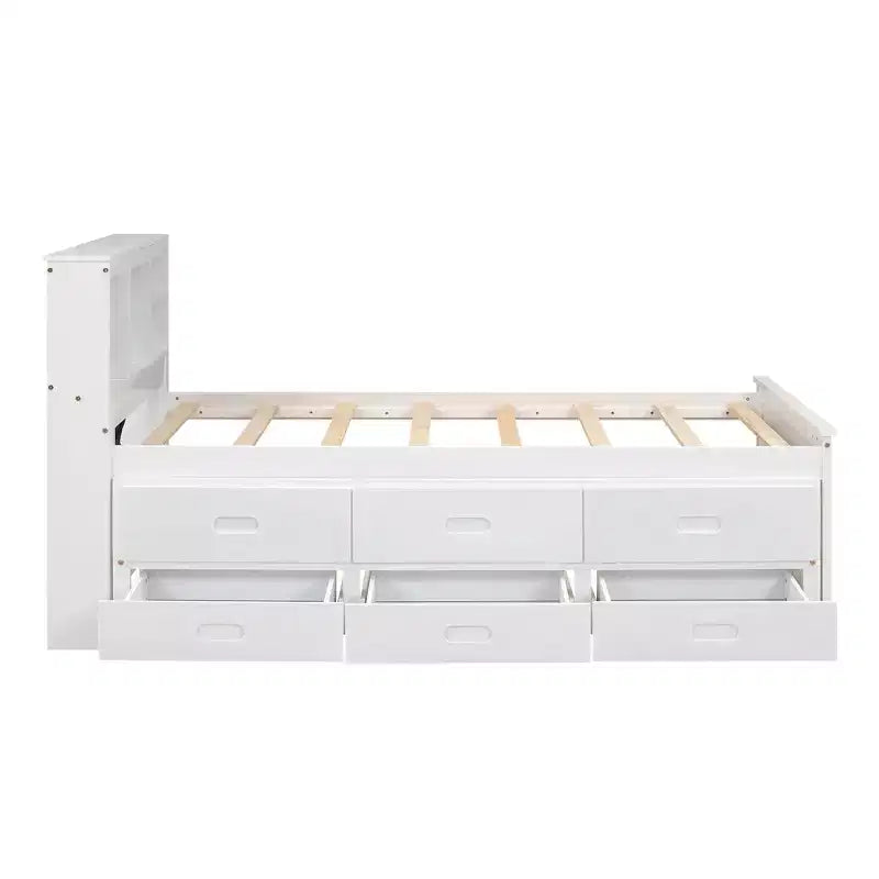 Plattformbett mit Rollbett und Schubladen, Stauraumbett mit USB-Anschluss, Holzbett mit Bücherregal