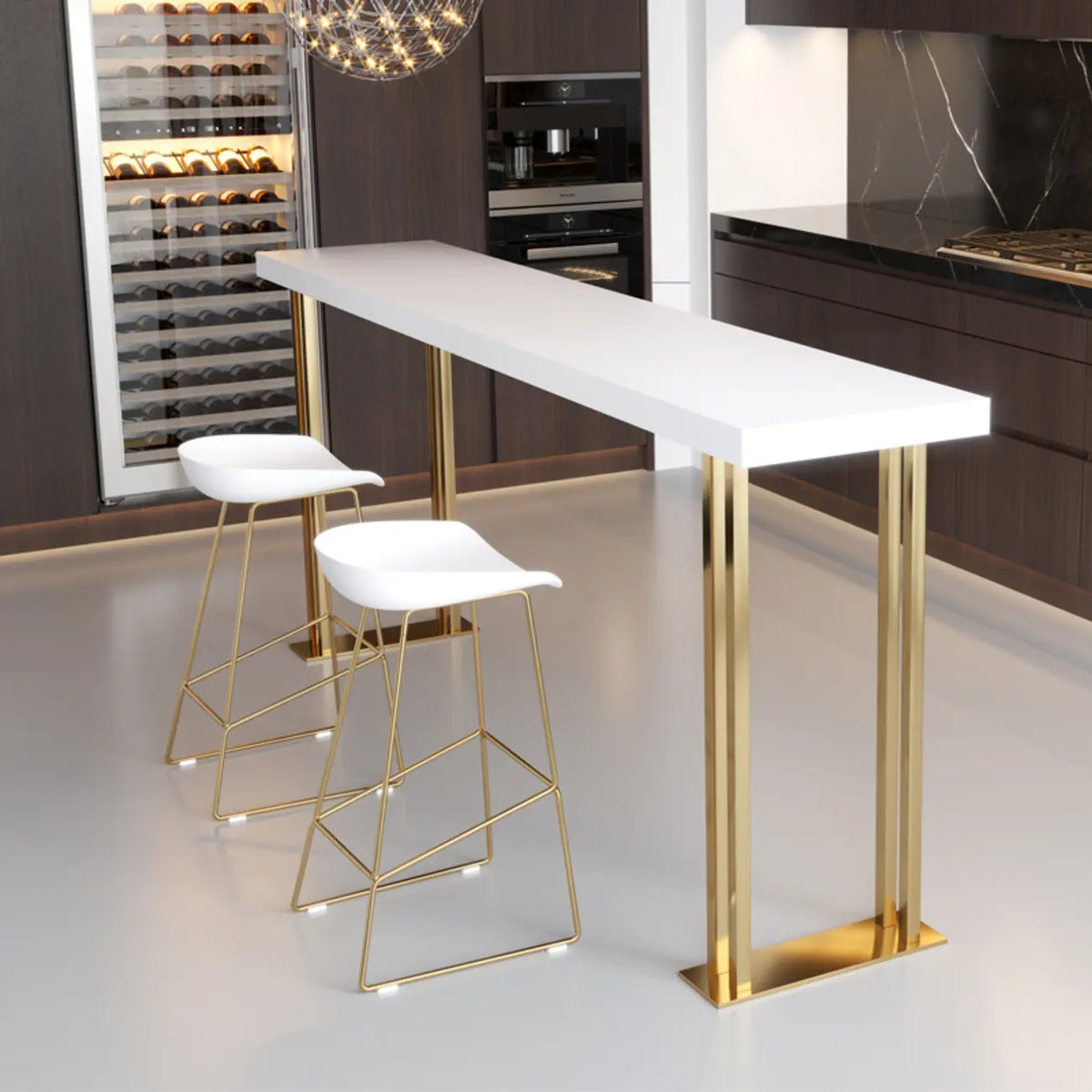 Rechteckiger Bartisch aus Luxusholz mit goldenem Kufengestell für Esszimmer
