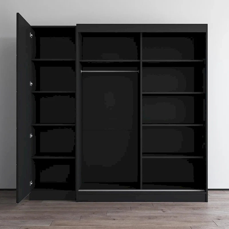 2-türiger Kleiderschrank mit Spiegel, Glasfront, 2-Personen (Grau / Schwarz / Weiß)