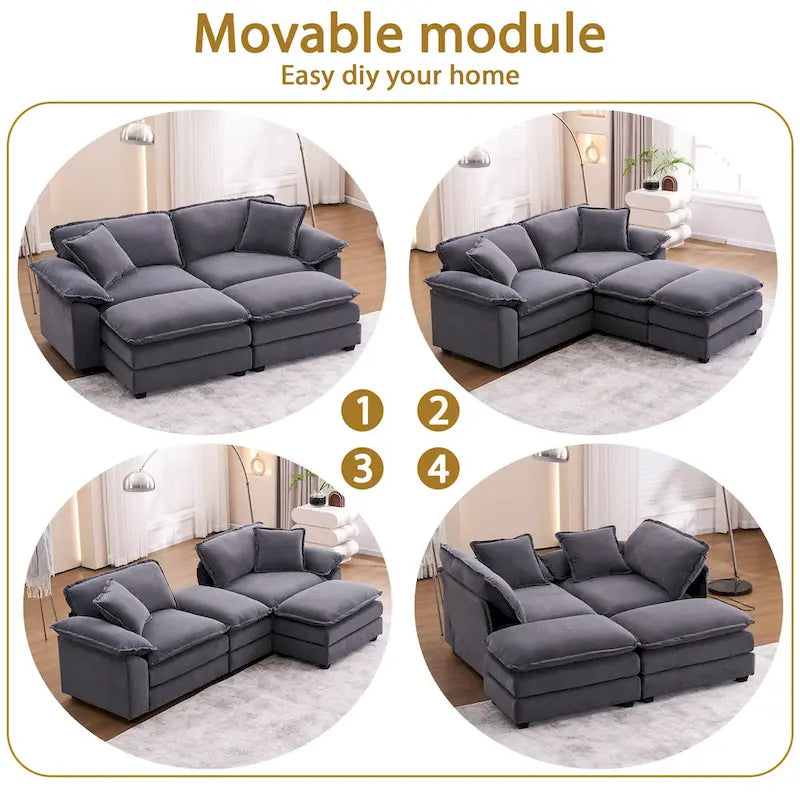 2-Sitzer-Sofa mit 2 Kissen, 2 Polstern und 2 Hockern, bequemes Sofa – Tiefes Wohnzimmersofa, Modulsofa