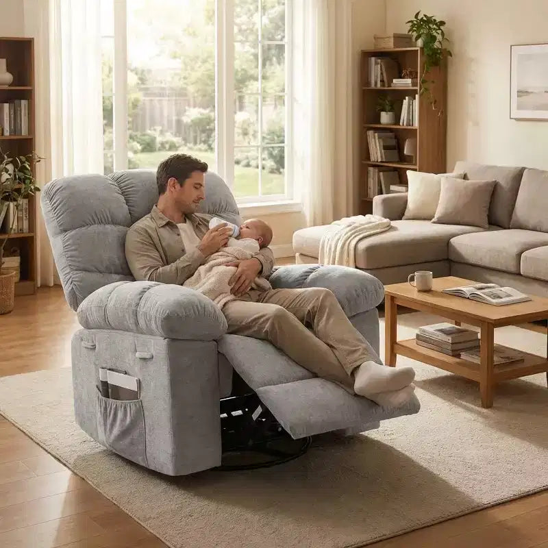 Massage-Liegesessel mit Heizfunktion – 360° drehbarer Schaukelstuhl, überdimensioniertes Einzelsitzer-Sofa mit Vibration, USB-Anschluss und Aufbewahrungstaschen für Wohnzimmer/Schlafzimmer
