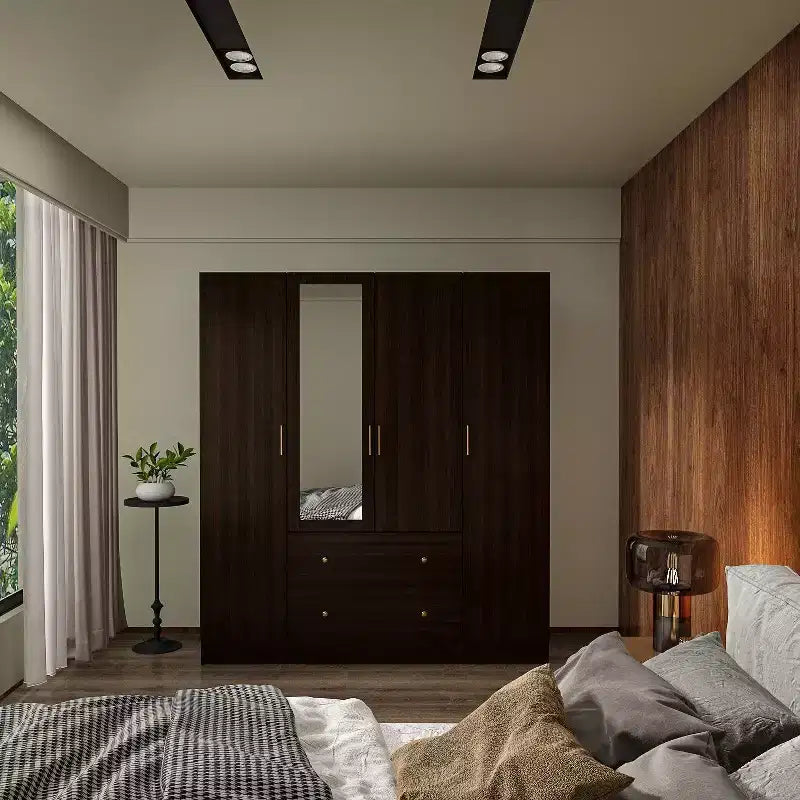 Hitow Kleiderschrank 2 große Schubladen, mittiger Hängeplatz mit Spiegel, minimalistischer Stil