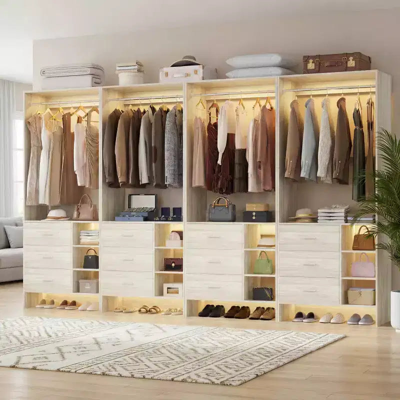Besiost 4er-Set Kleiderschrank-Organizer mit Holzschubladen und Kleiderstangen