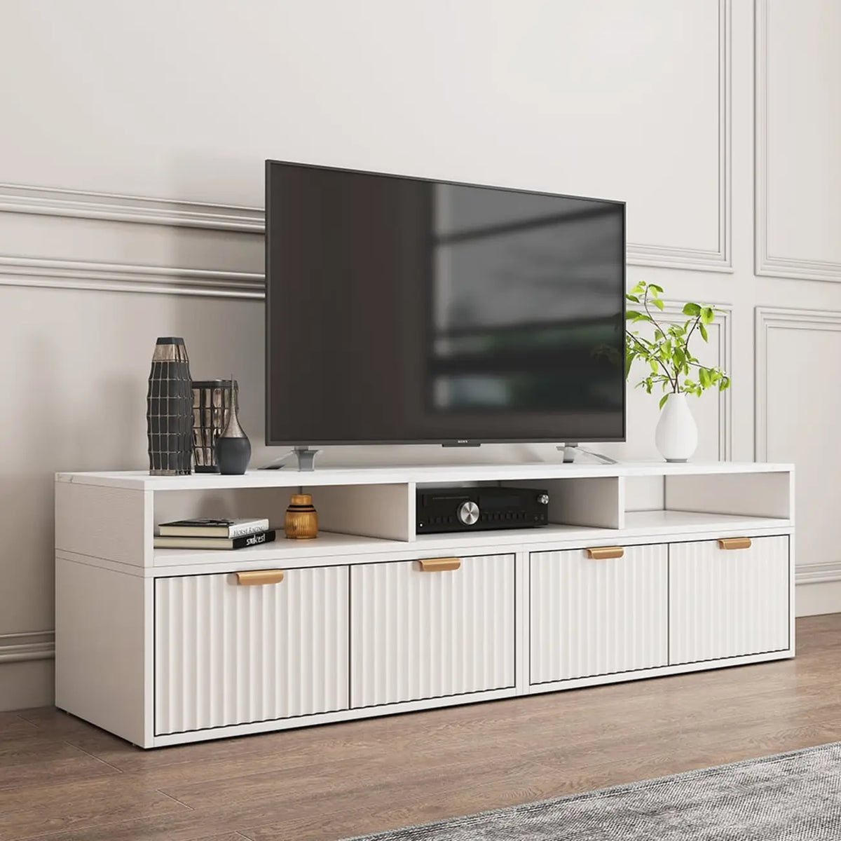 Moderner, weißer TV-Eckschrank mit 2 Schubladen und offenem Stauraum