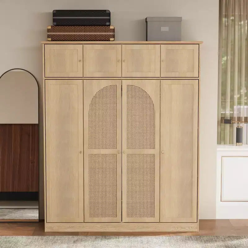 70.87Tall 8-türiger Kleiderschrank mit großer Kapazität, Kleiderstange, verstellbaren Regalböden und Rattantüren