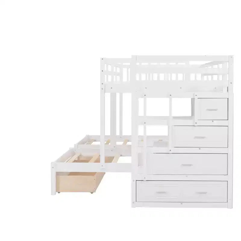 Whisen Etagenbett mit Doppelbett oben und zwei Einzelbetten unten, dreifaches Etagenbett aus Holz mit Schubladen und Schutzgittern