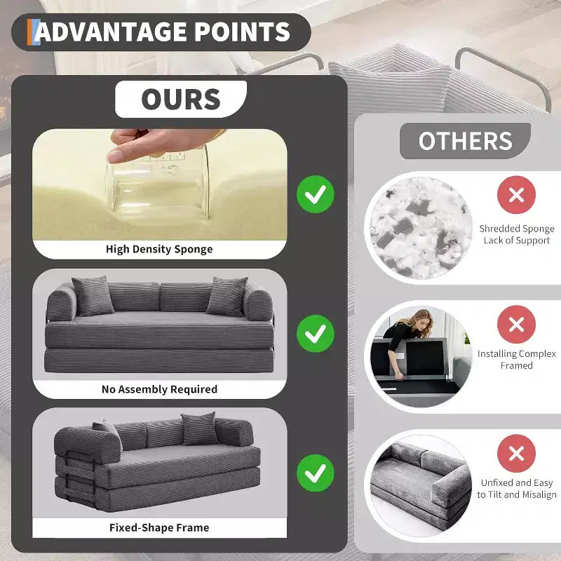 2-in-1 Schlafsofa, bequemes klappbares Cord-Schlafsofa mit tiefer Sitzfläche und breiten Armlehnen, knochenloses Sofa, für Wohnzimmer, Apartments