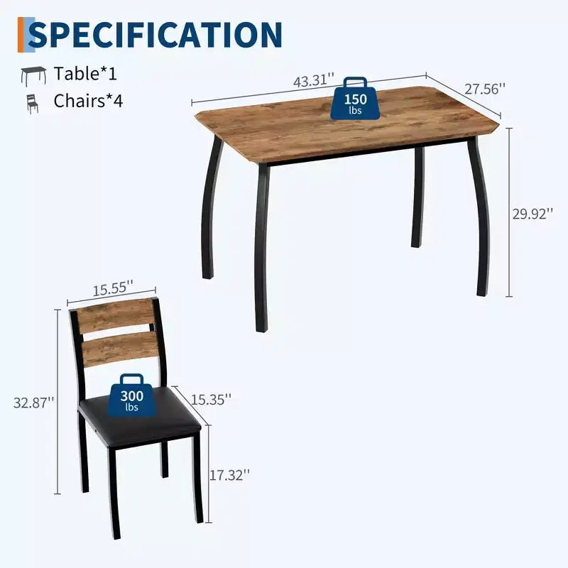 5-teiliges Küchen-Tisch- und Stuhlset mit Metallrahmen und abgeschrägtem Design