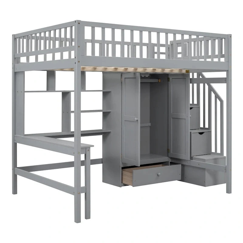 Kiefer-Hochbett mit Schreibtisch und Stauraum