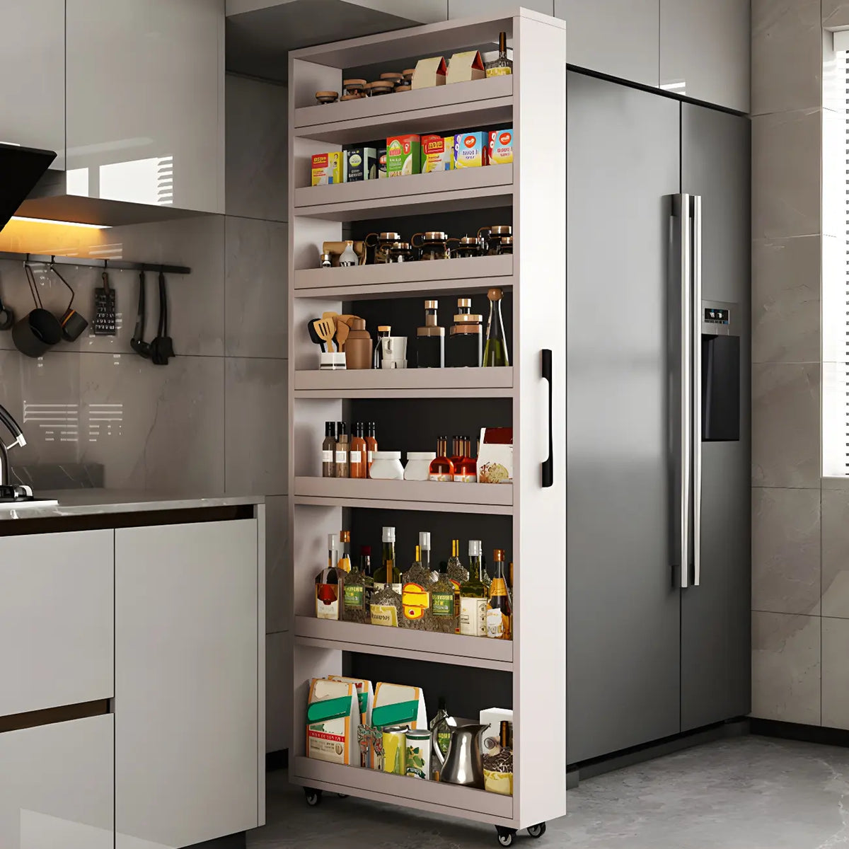 Modernes Holz-Buffet mit offenen Regalen und Rollen