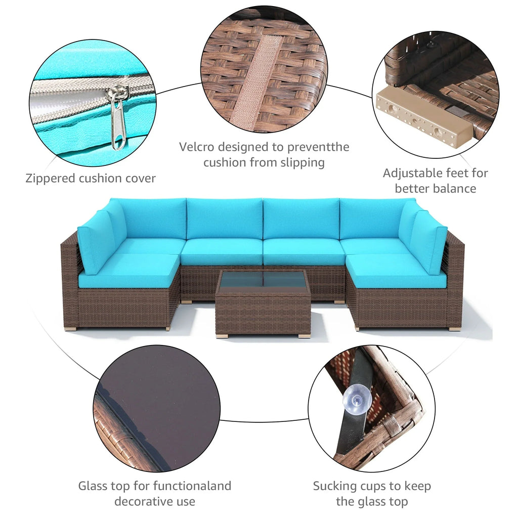 7-teiliges Outdoor-Sofa-Set aus Korbweide/Stahl mit Polstern
